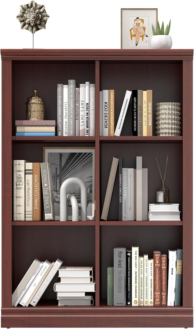 Bevfint Vertical 6-Cube Bookshelf - 3-Tier 6 Cube Storage Organizer, Open Bookcase and Book Shelves, 30 inch Width Wooden Book Case for Home Library Office, Mahogany