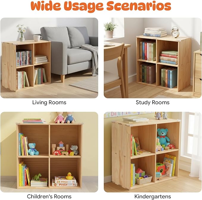4-Cube Pine Wood Storage Organizer, Solid Wooden Bookshelf with Back Panel, 11in Shelf Opening Bookcase, Freestanding for Living Room, Bedroom, Office (23.6 x 11.8 x 23.6in)
