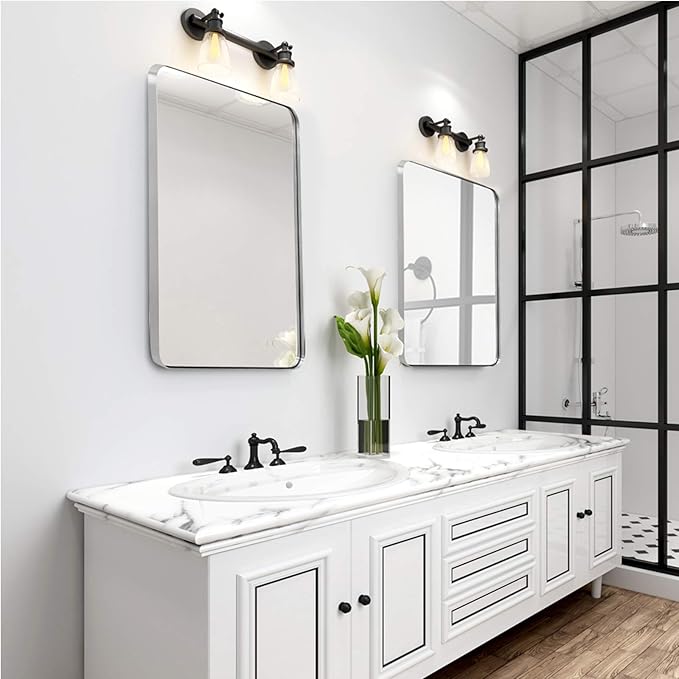 ANDY STAR Brushed Nickel Mirror for Bathroom, 22"x30" Silver Metal Frame Wall Mirror, Rectangular Stainless Steel Rounded Corner