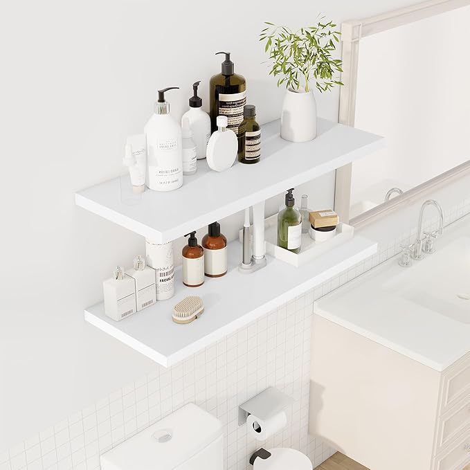 Dreamland 36" Floating Shelves for Wall, 12" Deep Slim White Floating Shelves, Wall-Mounted Shelves for Bedroom, Living Room, Kitchen, Bathroom - Set of 2