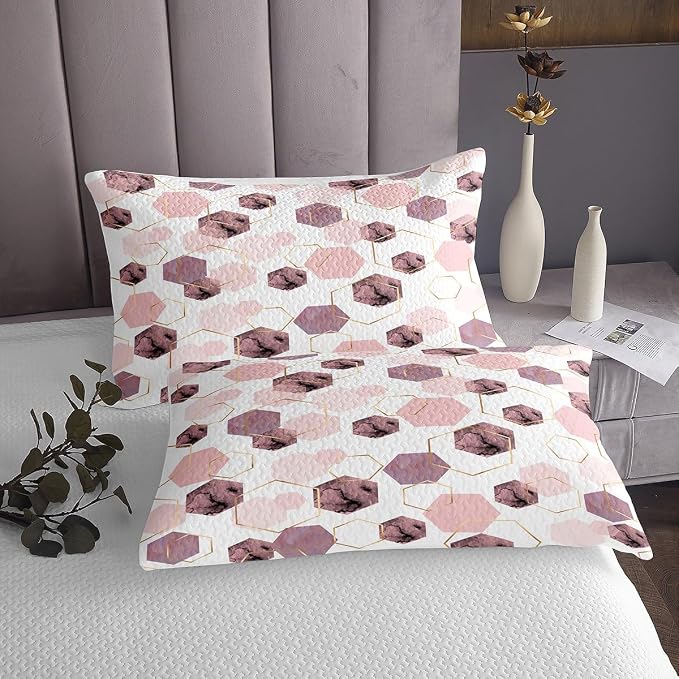 Erosebridal Modern Pink Quilt Set for Bedroom - Marbling Geometric Art Kids Coverlet Set, Girly Abstract Golden Striped Bedspread Sets for Home Decor, Queen 3 Pieces