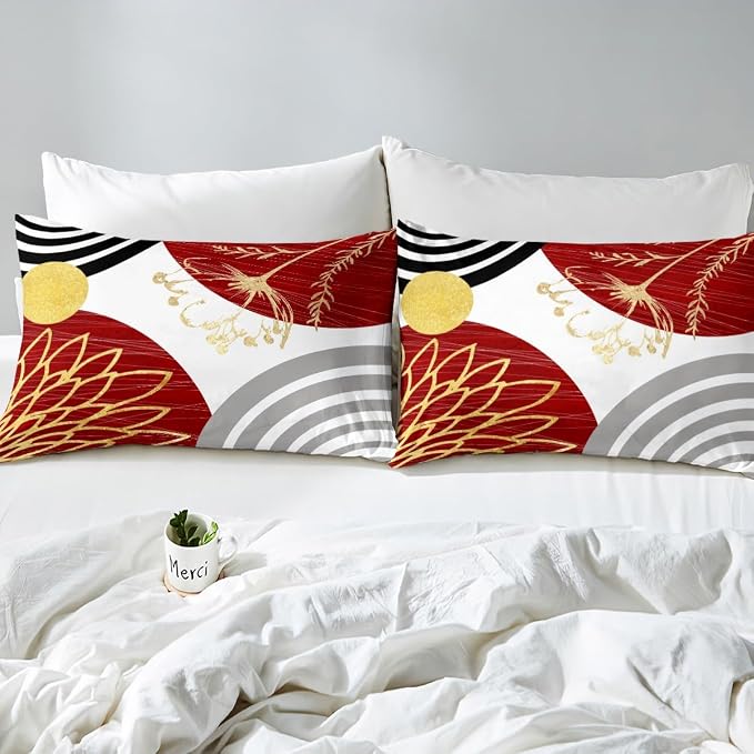 Erosebridal Red and White Modern Duvet Cover Full Size for Minimalist | Abstract Mid Century Comforter Cover Bohemian Leaf Floral Botanical Bedding Set Aesthetic Modern Geometric Bed Set