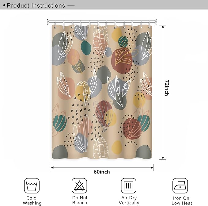 Abstract Mid Century Boho Leaves Colorful Geometric Pattern Shower Curtain Washable Polyester Durable Fabric Aesthetics Bath Shower Curtain with Hooks, 60x72 Inch