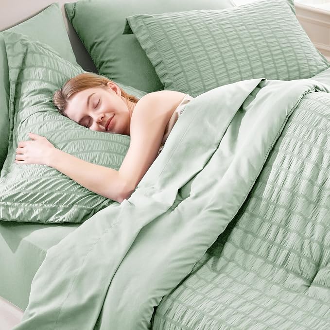 CozyLux Oversized King Comforter Set with Sheets, 7 Pieces 120"x98" Sage Green Seersucker Bed in a Bag, Luxury Soft Bedding Sets with Down Alternative Comforter, Sheets, Pillowcases & Shams, Home Gift