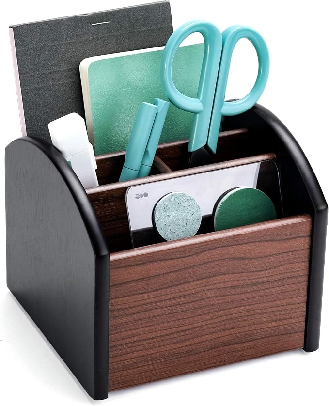 MaxGear Remote Control Holder Caddy, Wooden Desk Organizer with 4 Compartments, Multifunctional Storage for Remote Controls, TV & Office Supplies, Ideal for Tabletop