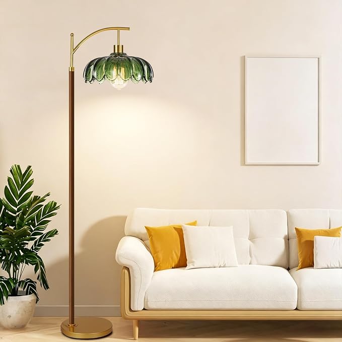 ILLMTW Wood Floor Lamp for Living Room,Bedroom,Glass Mid Century Modern Standing Lamp with Remote Dimmable,Vintage Gold Arc Tall Lamp Green Flower Lamp Shade Floor Lights Boho Bohemian Tiffany Style