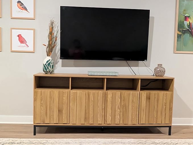 COCO DESIGN 70" Buffet Sideboard Cabinet with Fluted Panel Doors, Large Credenza Console with Power Outlet & Adjustable Shelves, Modern Storage Cabinet for Kitchen & Living Room, Oak