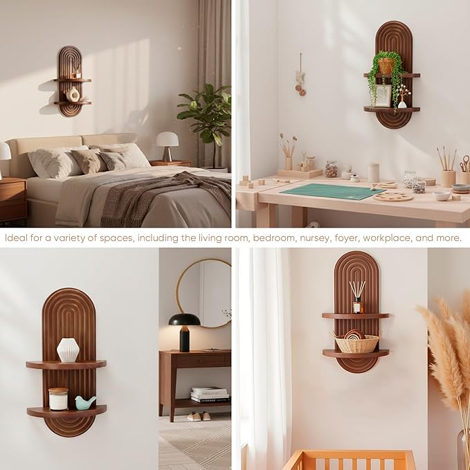 Mordern Wall Shelf with Arched Mid Century Art Boho Decor Design Floating Shelves for Home Bedroom Living Room Farmhouse Display Wall Plant Holder Decoration, 22 x 11.8 Inch, Walnut