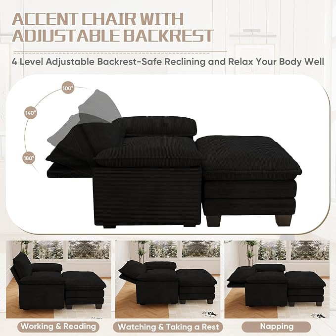 Chaise Lounge Chair Indoor, Oversized Accent Chairs with Ottoman, Luxury Corduroy Upholstered Deep Seat Sleeper Sofa Reading Chairs and A Half with Pillows for Living Room, Bedroom, Apartment, Black