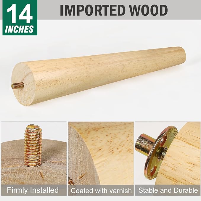 FoDau770 Rubber Wood Furniture Legs 14 Inches, Straight Tapered Wood Feet Mid Century Sofa Legs Set of 4, 5/16" UNC Furniture Feet Replacement Parts for Cabinet Couch Dresser Chair Ottoman Table