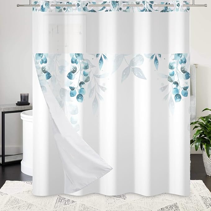 No Hook Shower Curtain with Snap in Fabric Liner Set Hotel Style Blue Eucalyptus Leaves Shower Curtain with Liner for Bathroom Washable 71x74 Inch