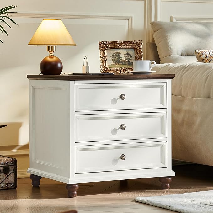 Farmhouse Nightstand Set of 2 with Charging Station, 24" Wide End Table with 3 Drawers,Dresser for Bedroom,Bed Side Table Chest of Drawers Cabinet,Wood White Night Stand for Living Room