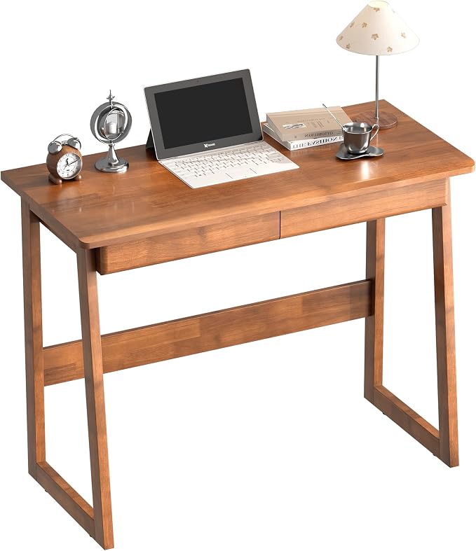 Solid Wooden Desk with Drawers - 39 x 18 Inch Narrow Desks for Small Spaces, Rubber Wood Study Table, Vintage Writing Desk with Drawers, Small Desks for Bedroom & Home - Walnut Color