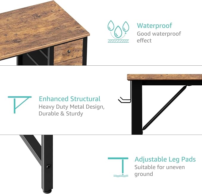 Lufeiya 47 inch Computer Desk with 4 Drawers, Reversible Writing Work Study Desk for Home Office Bedroom, Modern Simple Student PC Desks, Rustic Brown