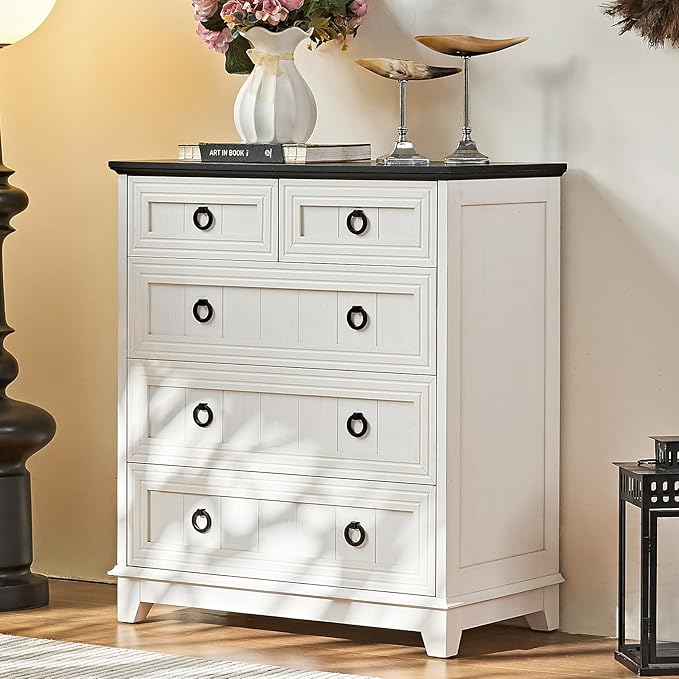 Farmhouse 5 Drawer Dresser for Bedroom Set of 2, 33.2" Tall Small Dressers & Chest of Drawers, Rustic Wood Dresser with Metal Handle, Storage Organizer Closet for Living Room, Hallway,Entryway