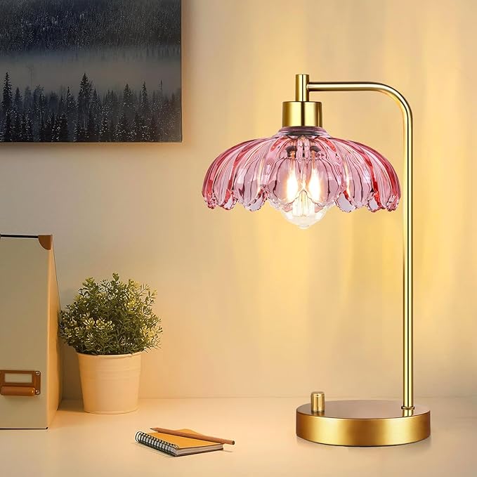 Pink Table Lamp Set of 2,Small Gold Bedside Lamps Dimmable Boho Bedroom Lamp with Tulip Flower Glass Lamp Shade,Vintage Mid Century Modern Mini Nightstand Lamp for Bedroom Living Room