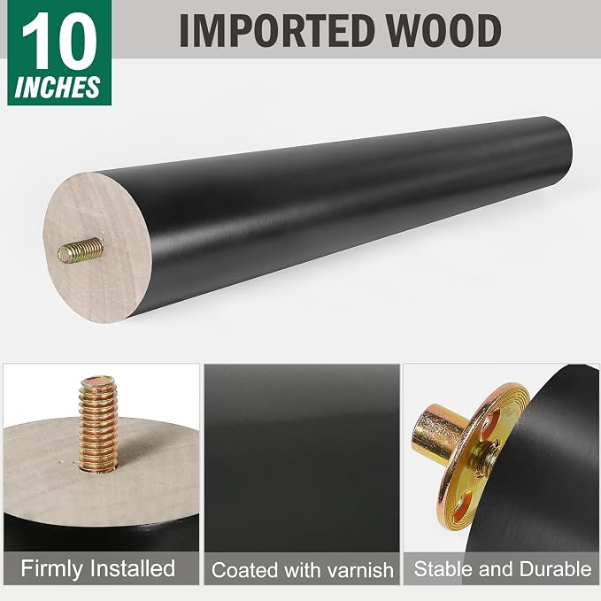 FoDau770 Black Rubber Wood Furniture Legs 10 Inches, 5/16" UNC Slant Tapered Wood Feet Mid Century Sofa Legs, Wooden Furniture Feet Replacement Parts for Cabinet Couch Dresser Chair Ottoman Table