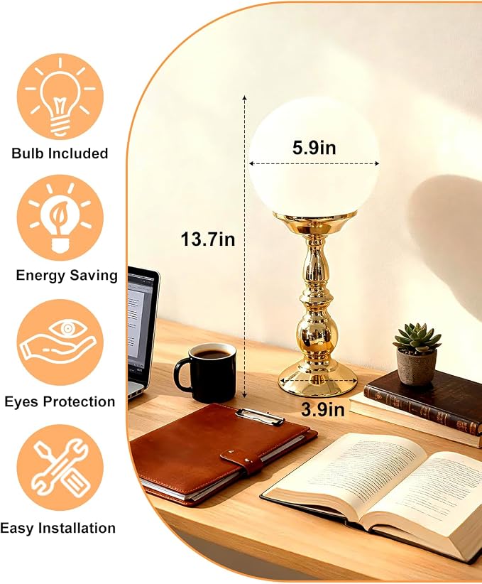 Lightdot Globe Table Lamp for Bedroom Mid Century Modern Small Desk Lamp 3000K Warmwhite Cute Nightstand Bedside Lamps for Living Room Home Office-2Pack(Gold & Black)
