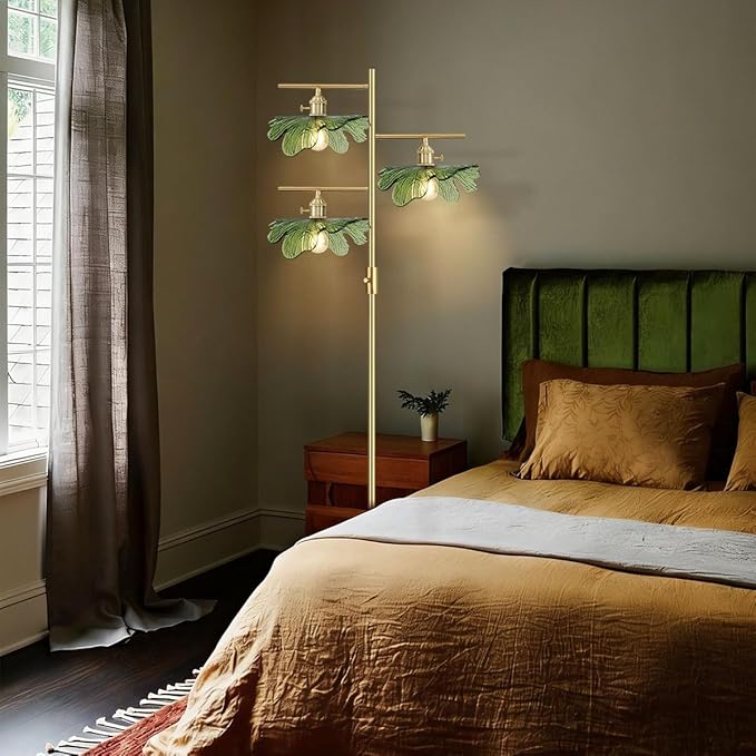 Gold Floor Lamp for Living Room, Mid Century Modern Dimmable Standing Lamp with Green Glass Shade, 3-Light Brass Tree Lamp Vintage Tall Lamp for Bedroom Office Study Corner