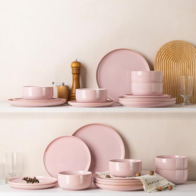 TheTerra Ceramic Dinnerware Sets for 4, 12 Pieces Handmade Reactive Glaze Plates and Bowls Set, Scratch Resistant Dish Set, Oven & Microwave & Dishwasher Safe, Sakura Pink