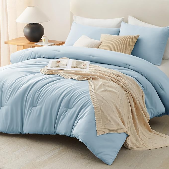 CozyLux Full Size Comforter Set Light Blue, 3 Pieces Lightweight Down Alternative Quilted Bedding Sets, All Season Soft Breathable Solid Comforter with 2 Pillowcases, Luxury Bed Set Gift for Home