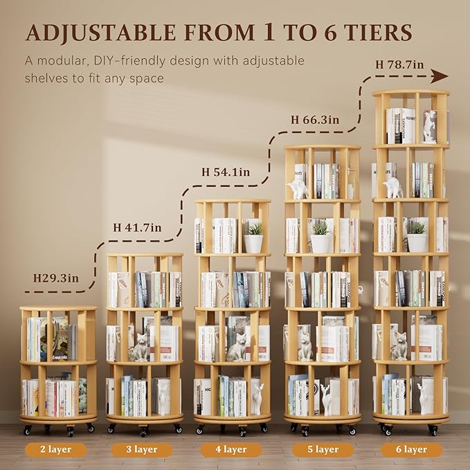 Rotating Bookshelf Tower with Wheels, 6 Tier Solid Wood Round Spinning Bookshelf Tower, 360° Revolving Bookcase Rolling for Kids Adult, Rotation Book Shelf for Bedroom, Living, Office, Corner, Natural