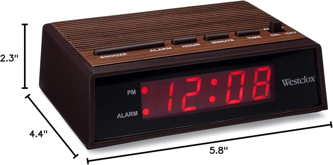 Westclox Retro Wood Style Small Night Table Alarm Clock with Red LED Display, 9-Minute Snooze, Battery Backup, Easy Electric Operation for Bedroom, Home or Office – Woodgrain