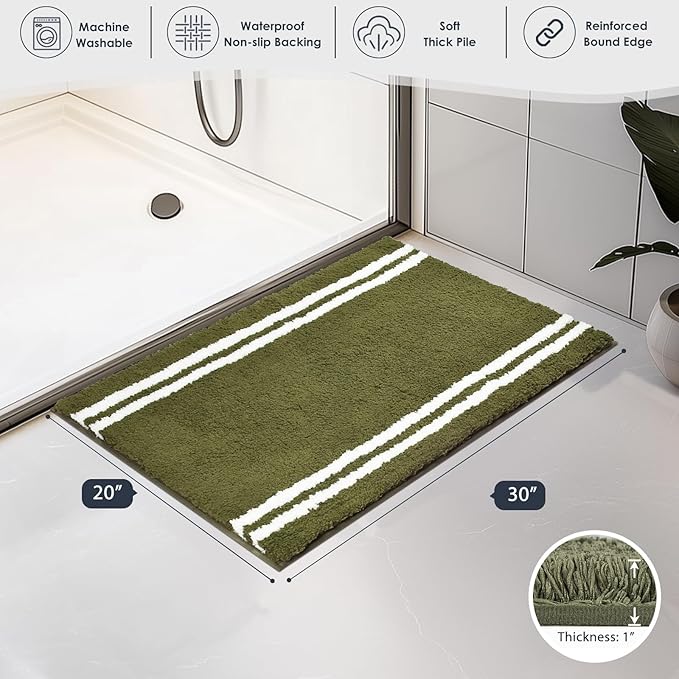 PURRUGS Bathroom Rug Non-Slip Machine Washable 20" x 30", Super Absorbent and Quick Dry Shaggy Microfiber Bath Mat, Extra Soft and Plush Bath Rug for Bathtub, Shower, and Sink, Olive Green
