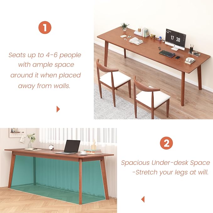 Solid Wood Desk with Large Desktop - 63" Mid Century Modern Executive Desks, Farmhouse Home Office Computer Desks for Two People, Writing Study Table | 2 Person Desk for Any Room-Walnut