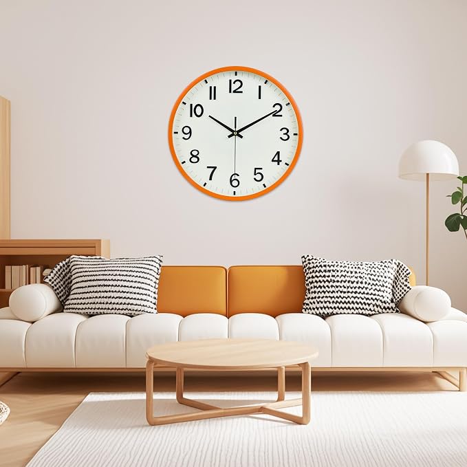 Wall Clocks Battery Operated 12 inch Modern Wall Clock,Silent Non Ticking Wall Clock for Living Room Bedroom Kitchen Office Classroom Decor (Beige and Orange)