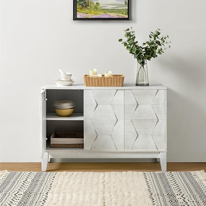 HULALA HOME Modern Kitchen Buffet Cabinet Storage Sideboard with 3D Geometric Design, Freestanding Floor Cabinet with 3 Doors & 2 Adjustable Interior Shelves for Living Room Dining Room Hallway, White
