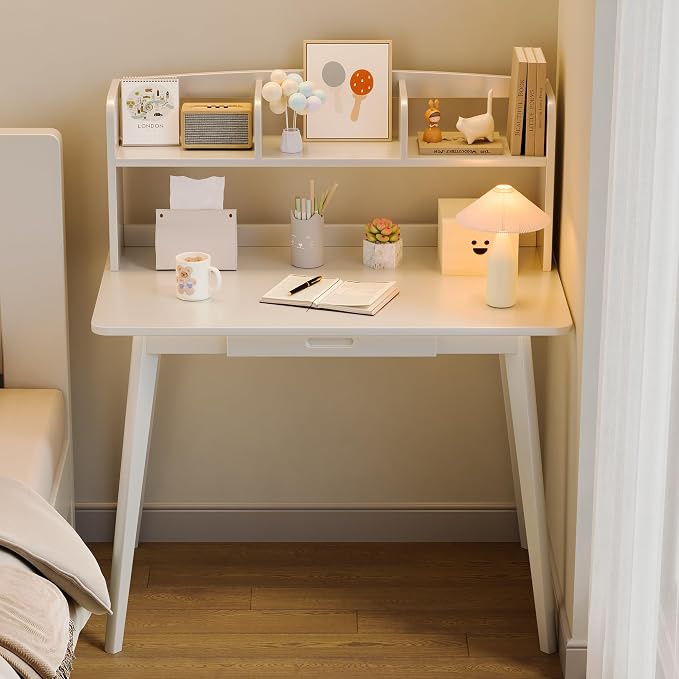 IOTXY Small Writing Desk with Hutch - 39.4" Work Computer Study Table with Drawer for Home and Office, White