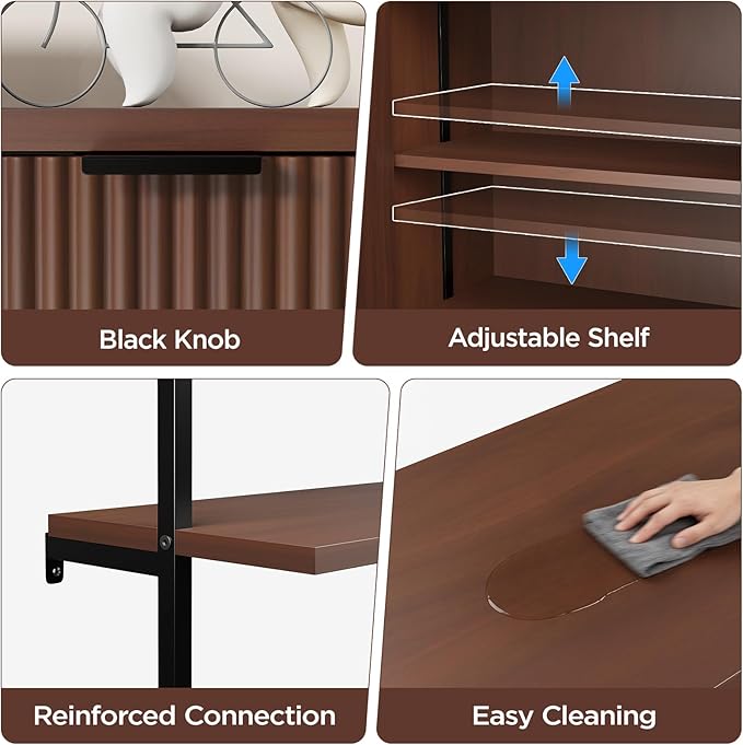 Ladder Bookshelf with Cabinet, 71" Tall Wall Mounted Bookcase with Shelves & Storage, Fluted Ladder Shelf with Metal Frame, 6-Tier Wall Bookshlef for Living Room, Office, Bedroom, Walnut & Black