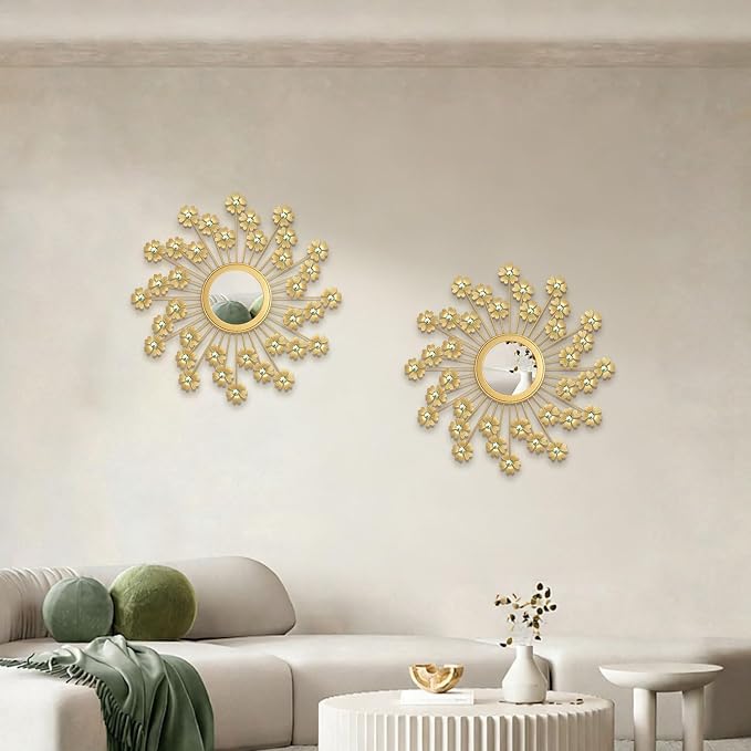 2 Pack Metal Mirrors for Wall Boho Sunburst Wall Mirror Home Decor Modern Decorative Wall Art for Bedroom Living Room Entryway