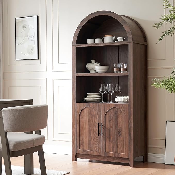 RowyPoey Rattan Arched Cabinet Bookshelf - 69.3” Tall Mid Century Display Cabinet, Rounded Bookcase with Rattan Doors, Open Shelf Storage for Dining Room (Walnut, 2 PCS)