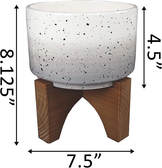Flora Bunda Mid Century 7 Inch Grey Ombre SPECKS Ceramic Planter with Wood Stand,Grey 7"