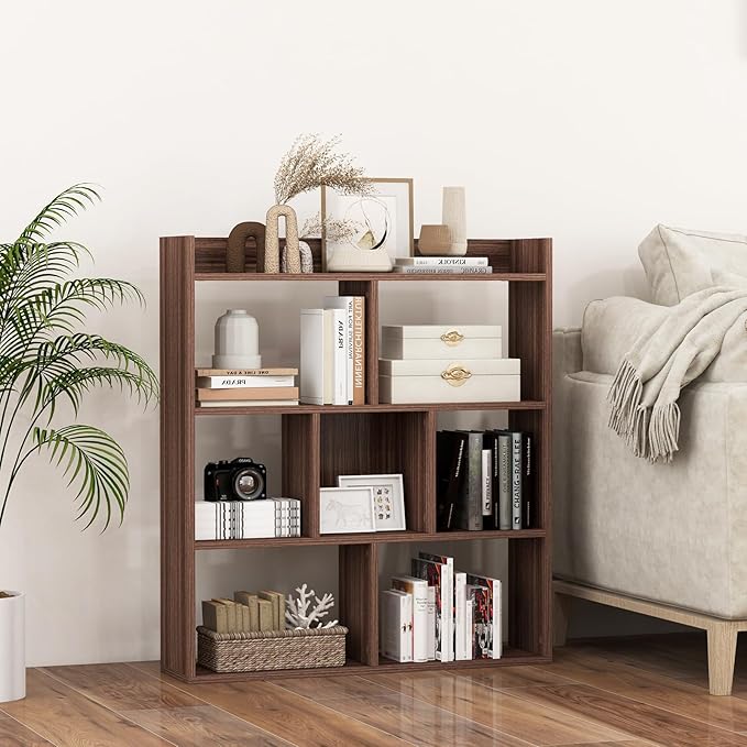 Giantex 7 Cube Bookshelf of 2, Free-Standing Wooden Bookcase, 4 Tier Home Display Shelf, Horizontal Storage Unit w/Anti-Toppling Devices, Open-Back Display Rack for Study, Living Room, Walnut