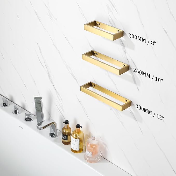 Sayayo Brushed Gold Towel Bar for Bathroom Wall, 8 Inch Hand Towel Holder, Screw or Self Adhesive Towel Ring Square SUS304 Stainless Steel, 3.2 Inch Wider Design