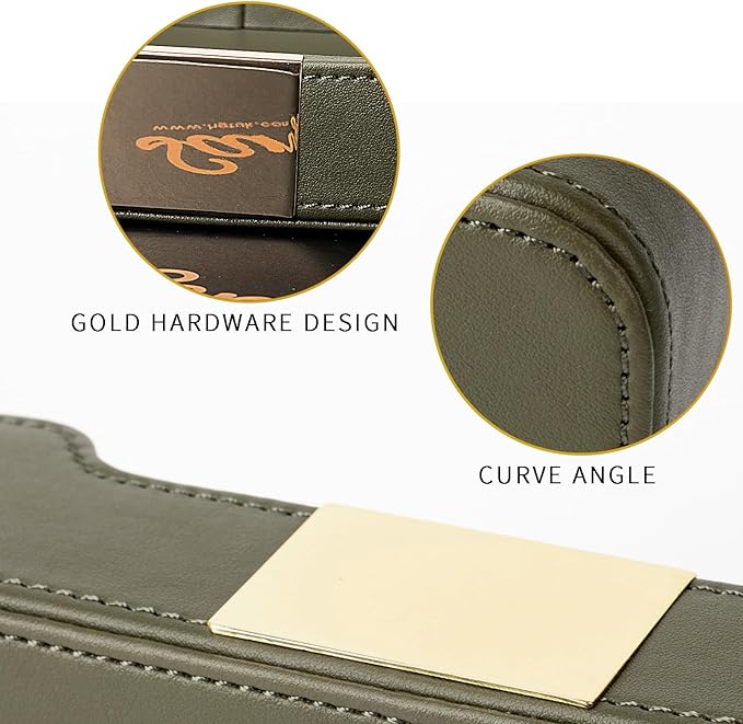 SANZIE Luxury Leather Tray Organizer Valet Tray Key Tray for Entryway Table Desktop Storage Catchall Tray Decorative Tray for Jewelry Keys Wallet Phone Watch (Metal Gilded, Khaki Green)