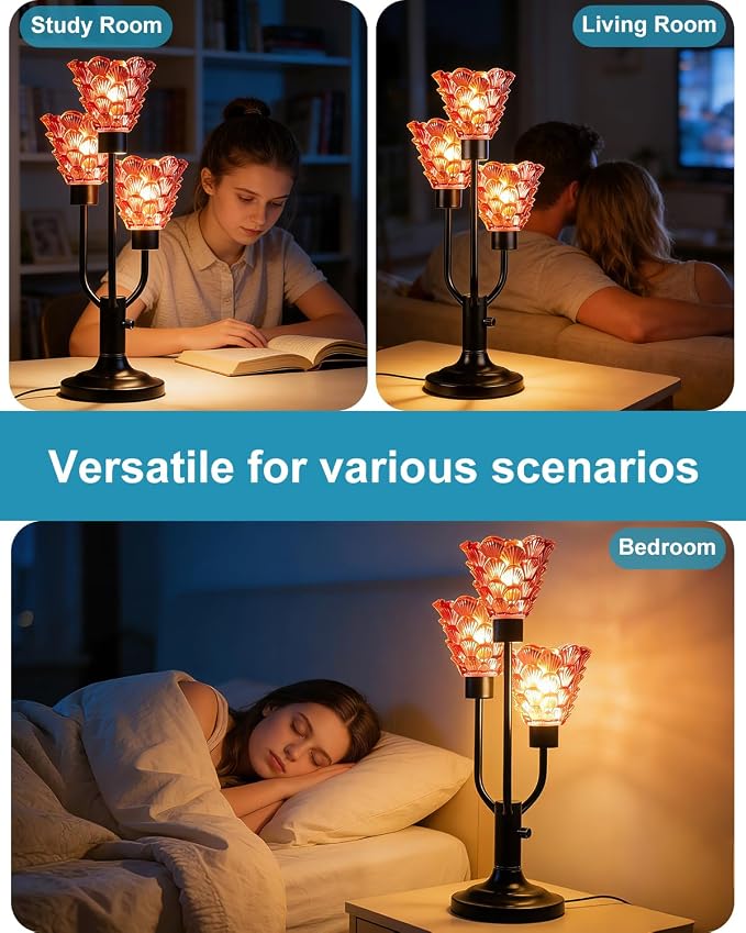 Lightdot Vintage Mid Century Modern Table Lamp for Living Room Dimmable Nightstand Lamp Red Glass Black Desk Lamp 3 Bulbs Included Warmwhite Ambient Bedside Lamps for Bedroom Home Office Decor Gift