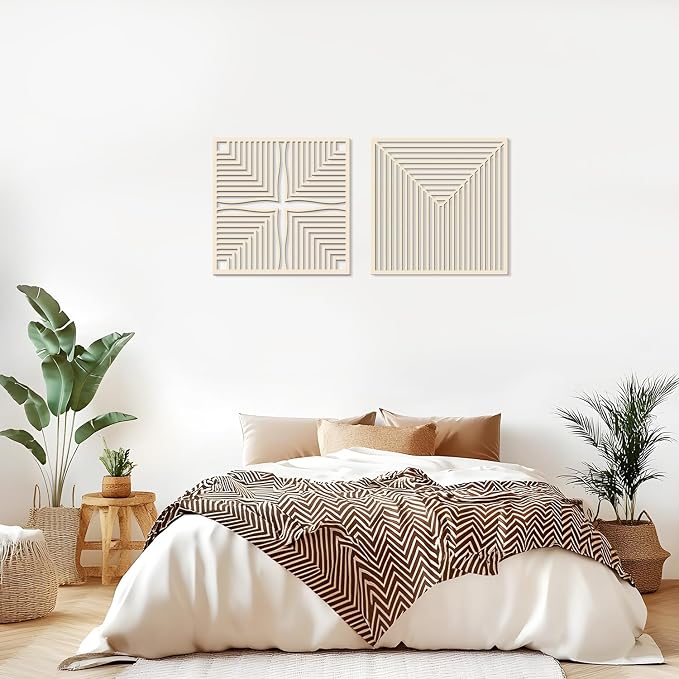 Homenthus 2 Pcs Abstract Wood Wall Art, Mid Century Modern Geometric Wood Wall Decor Minimalist Wooden Wall Art Decor Panels for Boho Living Room Bedroom Kitchen Dining Room Office Home Wall Decor