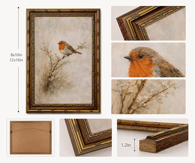 Vintage Gold Framed European Robin Perched on Branch Wall Art - Redbreast Robin Bird on Twig with Flowers Painting Print, Antique Gold Frame Nature Picture Wall Decor 8x10 Inch