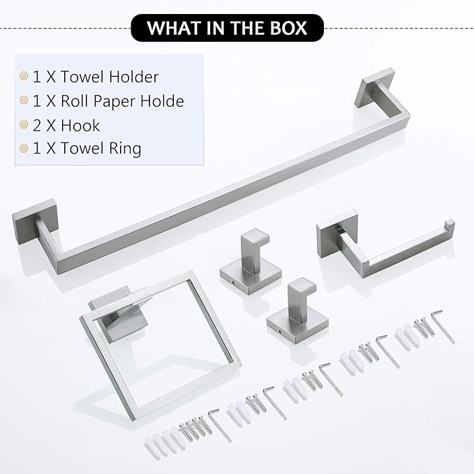 Bathroom Towel Bar Set 5 Pieces Brushed Nickel Square Modern Bathroom Hardware Set,Stainless Steel Wall Mounted 23.6-Inch