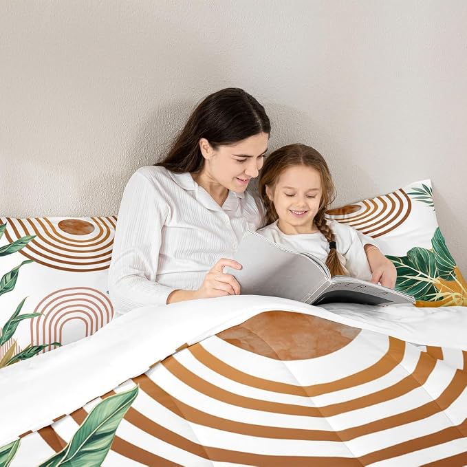 Erosebridal Mid Century Boho Bedding Set Full Simple Retro Tropical Palm Leaf Comforter Set for Kids Girls Women Orange Pink Sun Arch Minimalist Down Comforter Geometric Abstract Line Bed Set