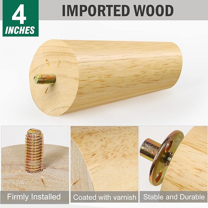 FoDau770 Rubber Wood Furniture Legs 4 Inches, Slant Tapered Wood Feet Mid Century Sofa Legs Set of 8, 5/16" UNC Furniture Feet Replacement Parts for Cabinet Couch Dresser Chair Ottoman Table