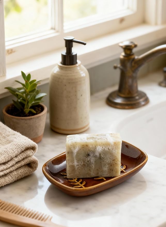 Soap Dish for Shower, Ceramic Soap Holder Soap Dishes for Large Bar Soap Sponge, Decorative Soap Saver Tray for Bathroom Kitchen Sink Bathtub, Pro-Environment, Extend Soap Life, Dark Brown