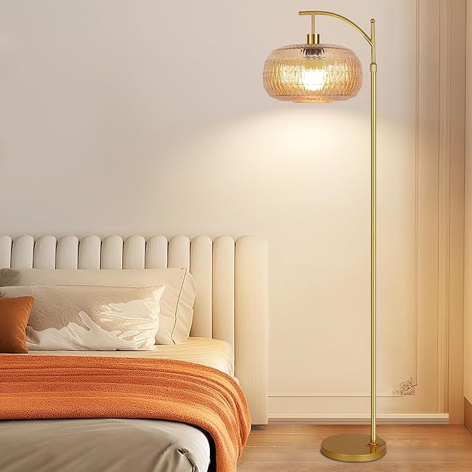 QIYIZM Glass Floor Lamp for Living Room,Bedroom,Gold Dimmable Standing Lamp with Remote,Mid Century Modern Brass Tall Lamp Retro Vintage Lamp Floor Light Boho Bohemian