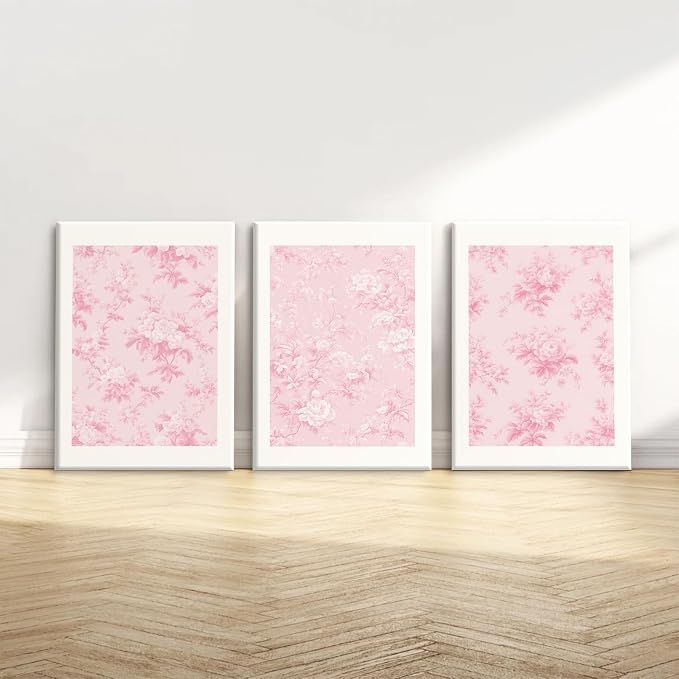 Pink Floral Wall Art Chinoiserie Flower Wall Decor Pictures Aesthetic Canvas Wall Art Love Shack Fancy Poster Vintage Floral Prints for Living Room Bedroom 12x16 Inch Framed Set of 3