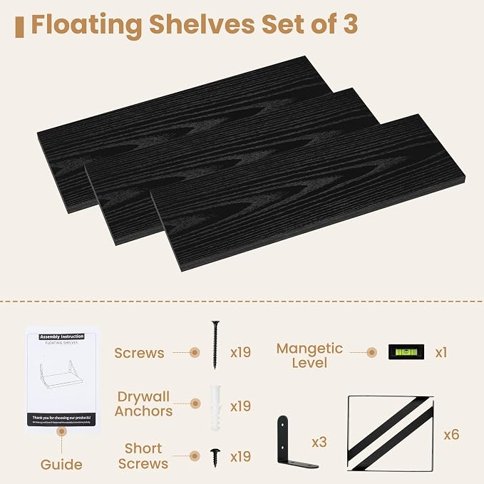 Heimlove Floating Book Shelves for Wall,23.6 Inches Wall Bookshelf Mounted Display&Storage Wood Shelves for Kitchen Bathroom Laundry Living Room,Set of 3,Black