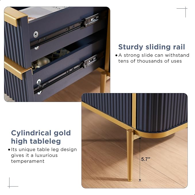 OKD Modern Chic Fluted Nightstand Set of 2 Luxury with Charging Station, End Table/Bed Side Table w/2 Drawers, Faux Marble Tabletop, Gold Metal Decor, Curved Edge Design, Navy Blue
